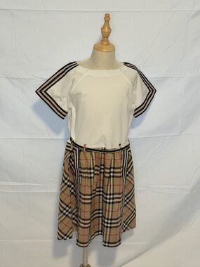 Burberry White Top with Classic Check Skirt Girls Dress
